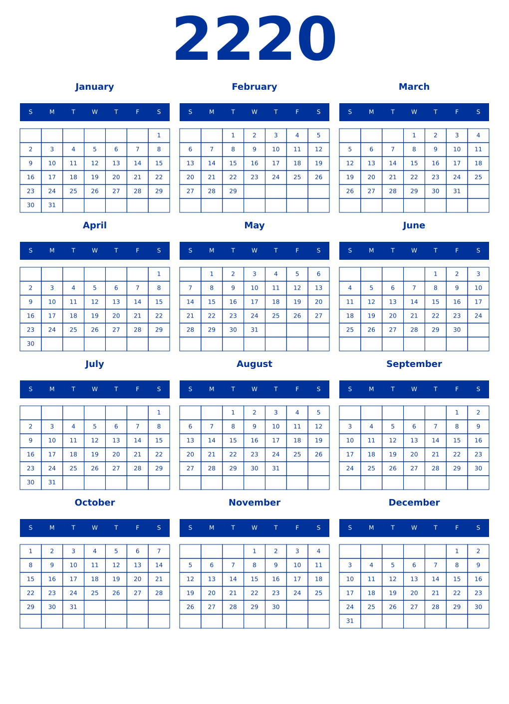 Printable 2220 Year Calendars smalt