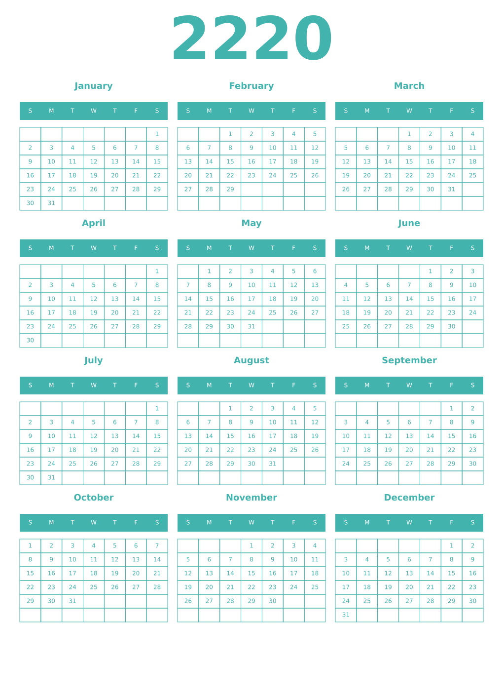 Printable 2220 Year Calendars verdigris