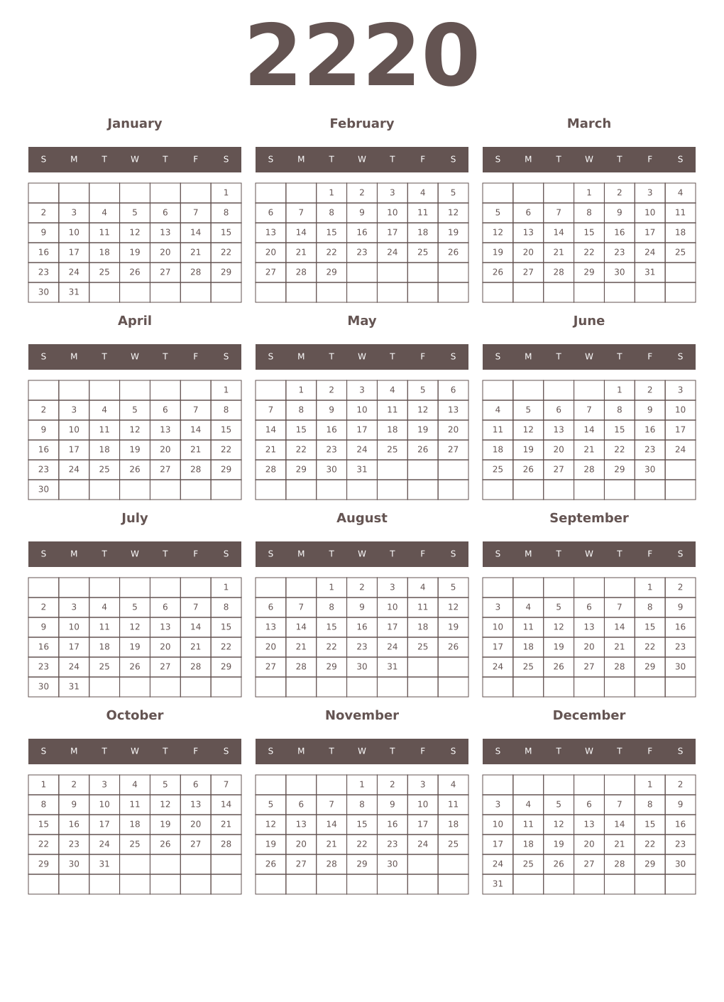 Printable 2220 Year Calendars wenge
