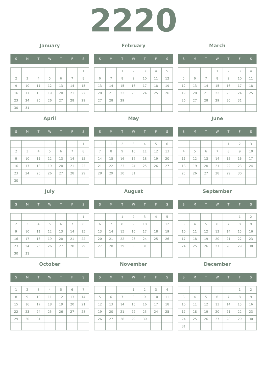 Printable 2220 Year Calendars xanadu
