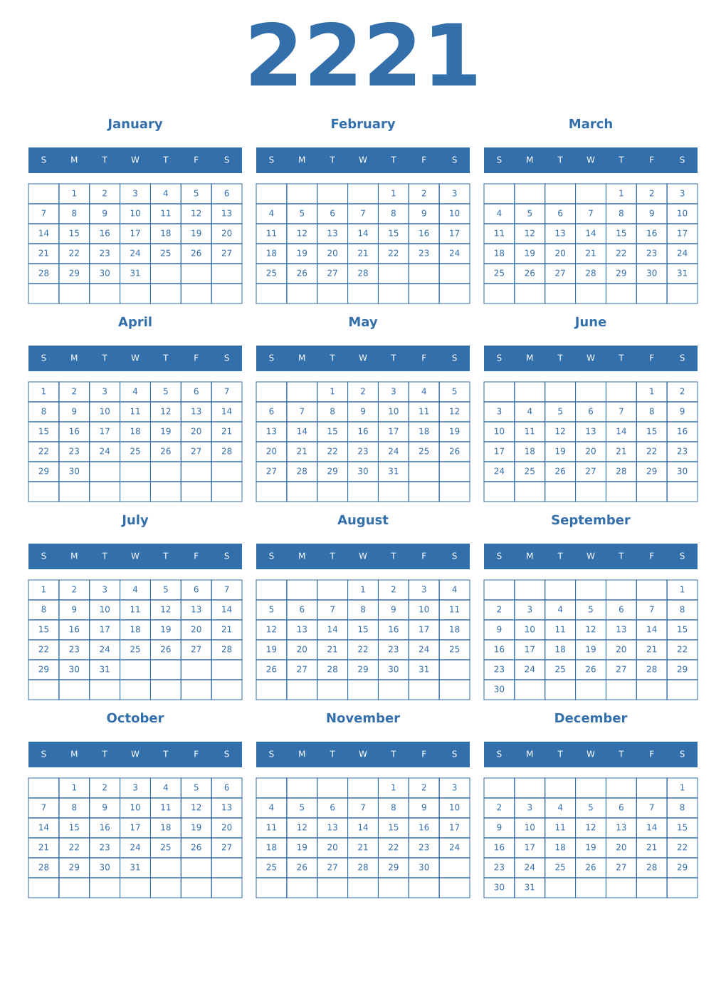 Printable 2221 Year Calendars blue