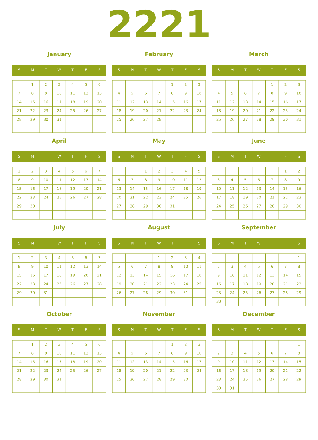 Printable 2221 Year Calendars chartreuse