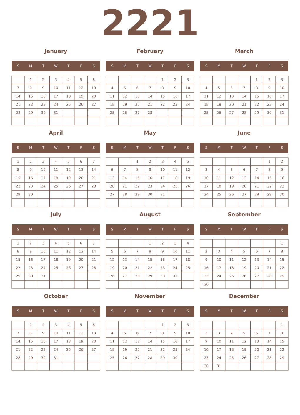Printable 2221 Year Calendars coffe