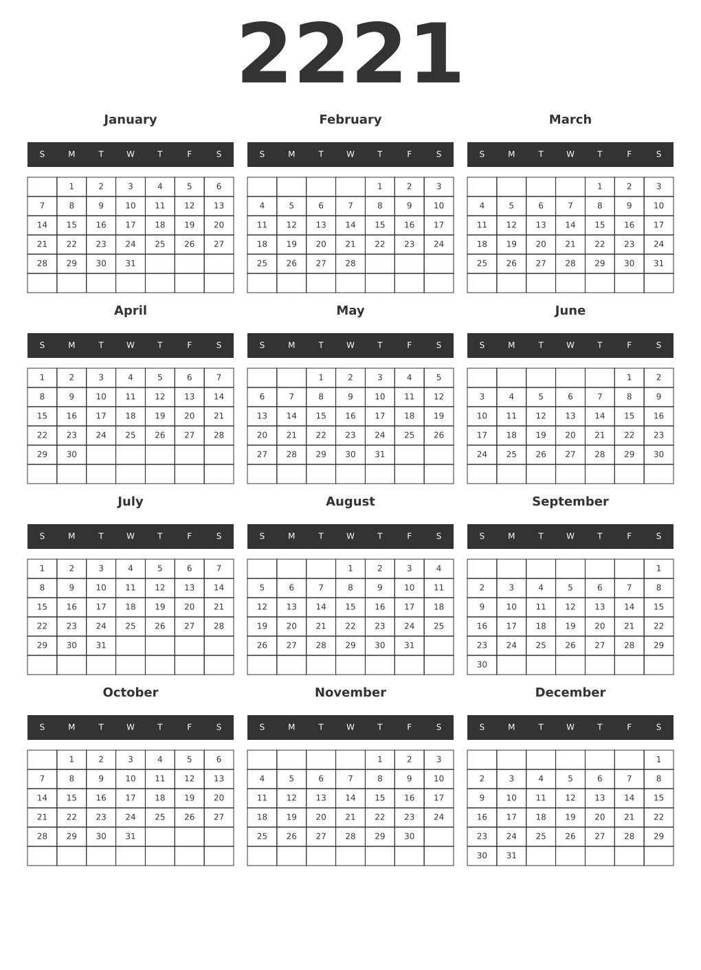 Printable 2221 Year Calendars dark
