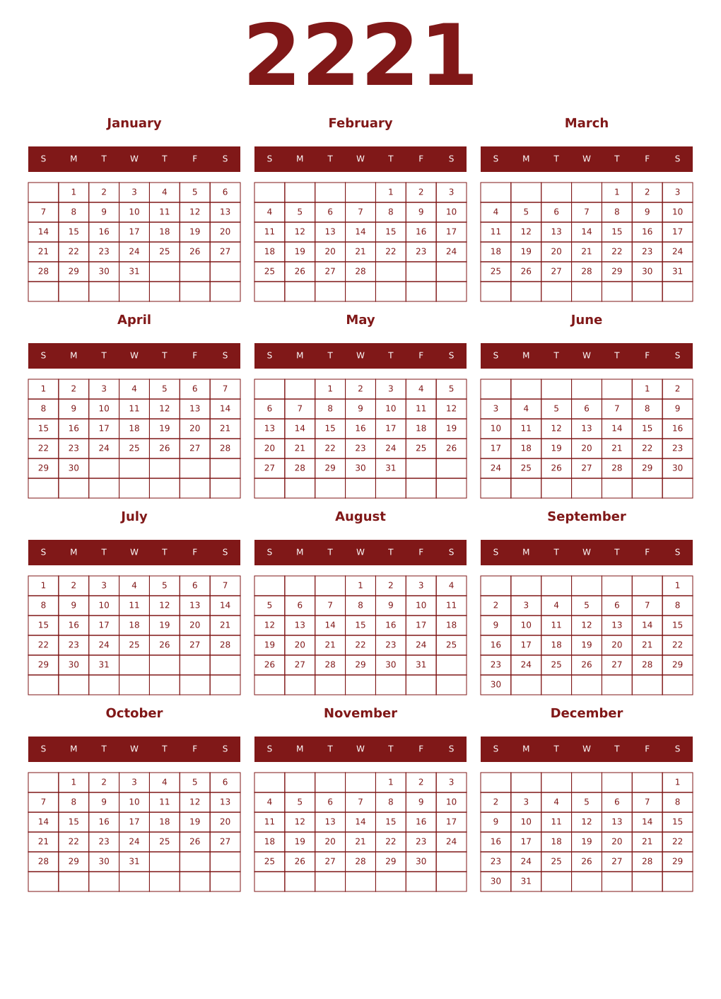 Printable 2221 Year Calendars falu