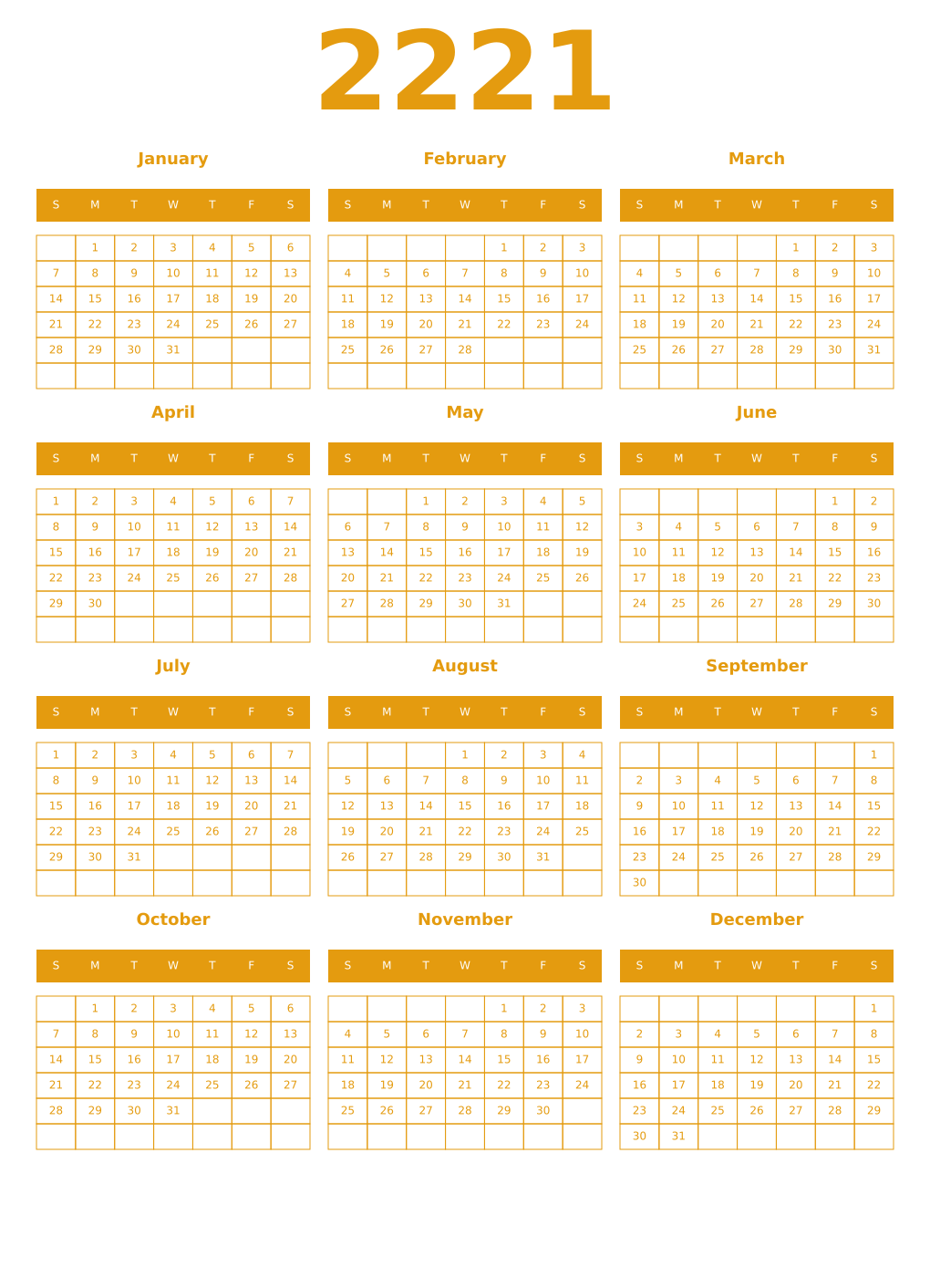 Printable 2221 Year Calendars gamboge