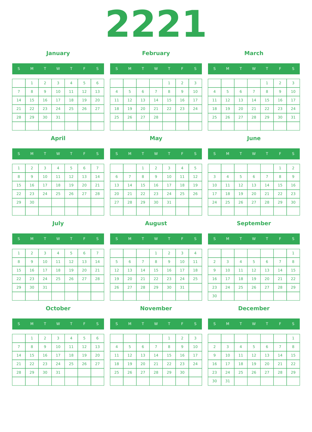 Printable 2221 Year Calendars green