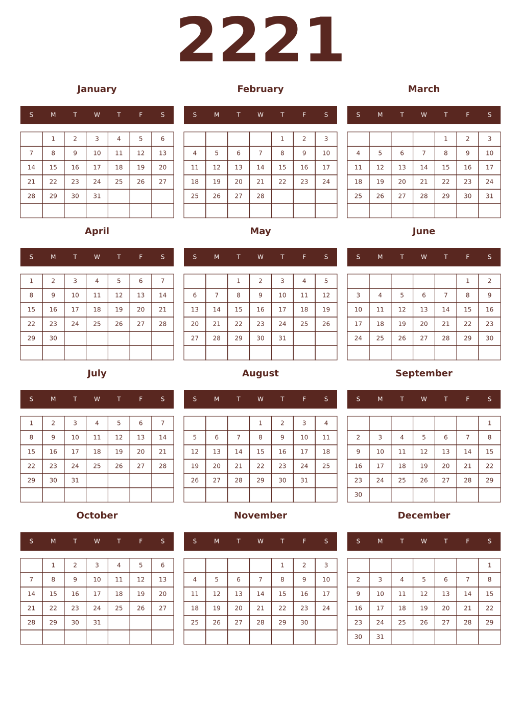 Printable 2221 Year Calendars mortuum