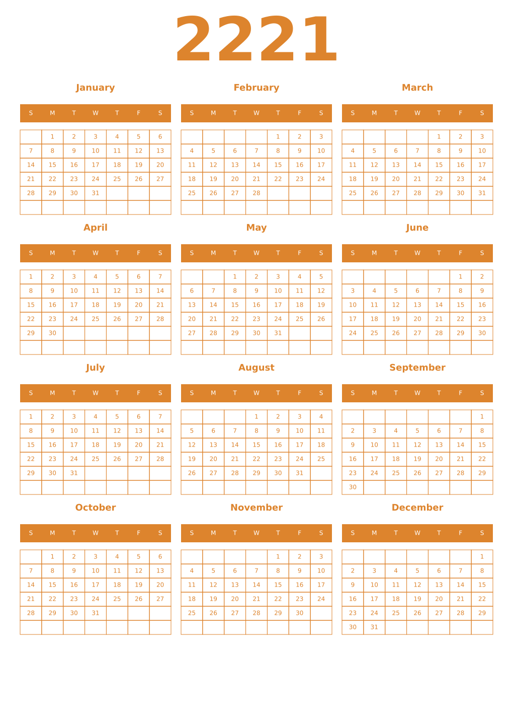 Printable 2221 Year Calendars orange