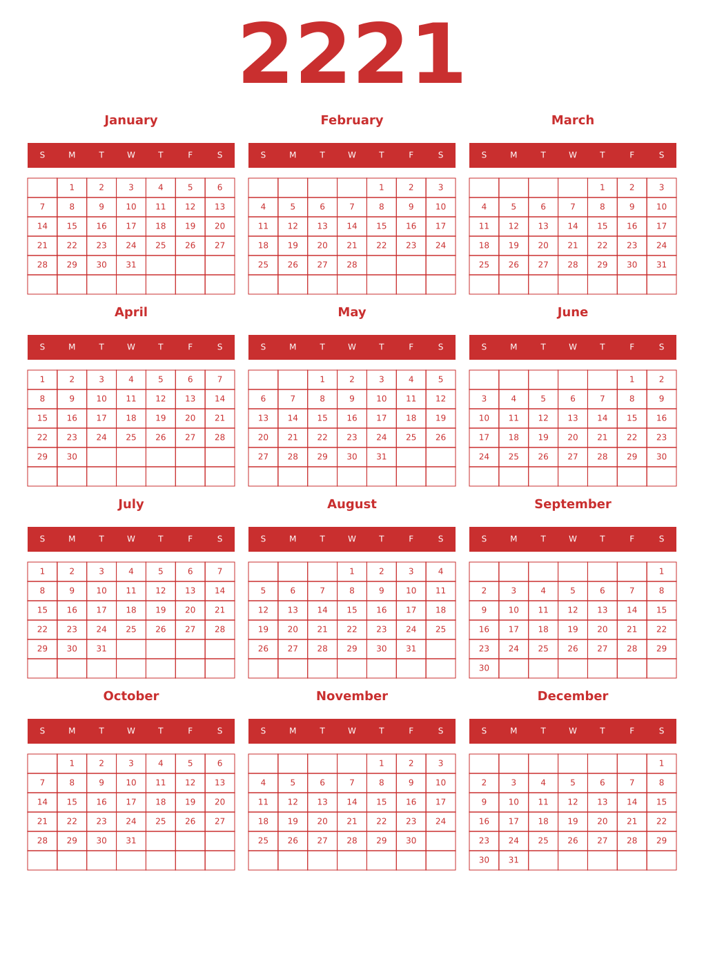 Printable 2221 Year Calendars red