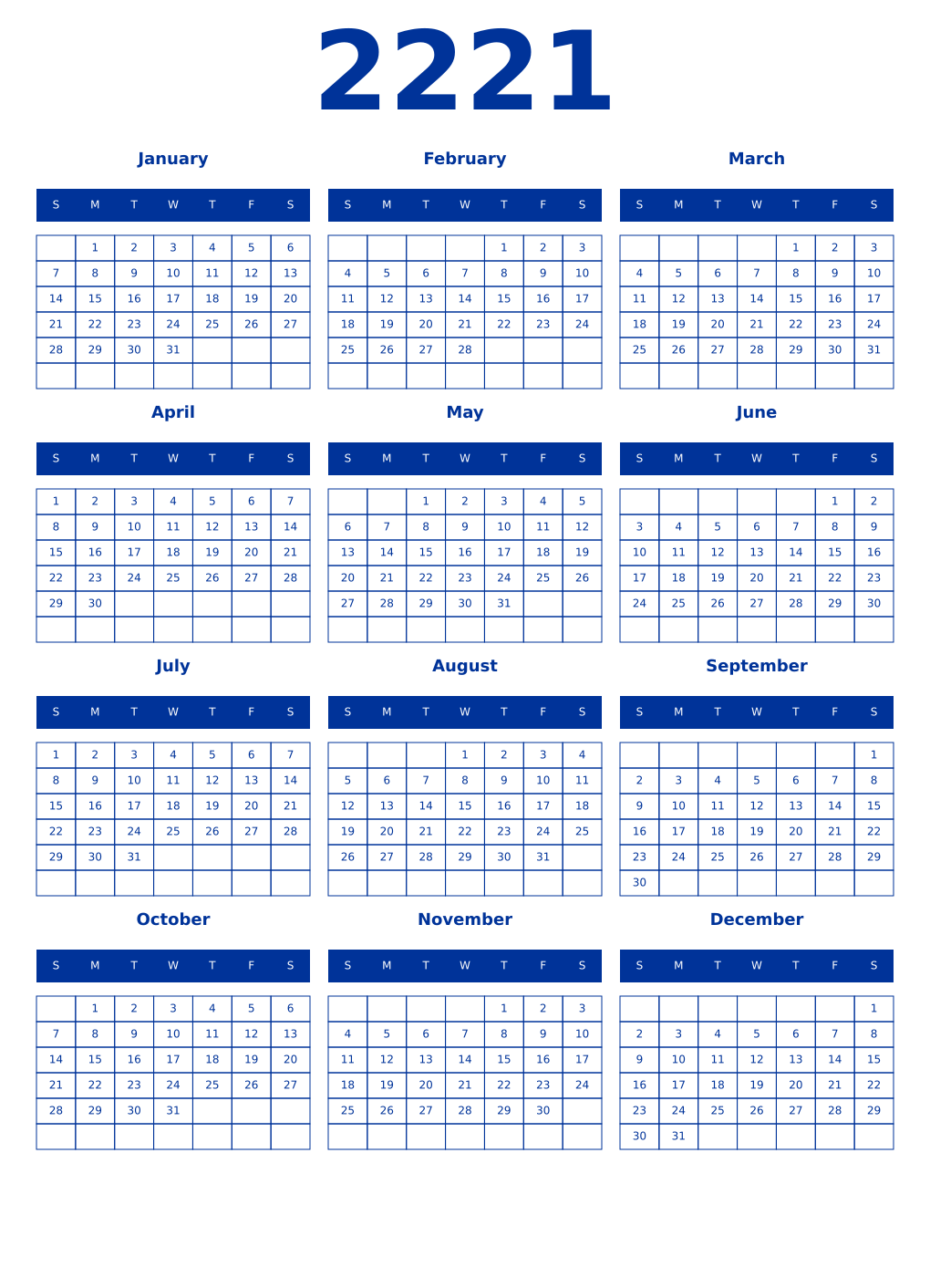 Printable 2221 Year Calendars smalt