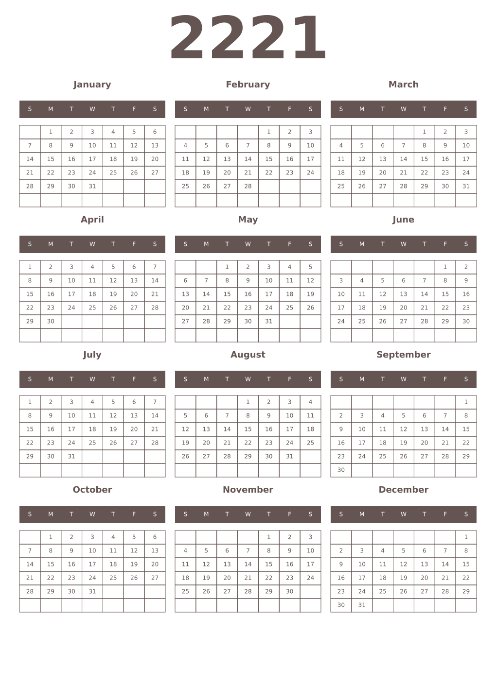 Printable 2221 Year Calendars wenge