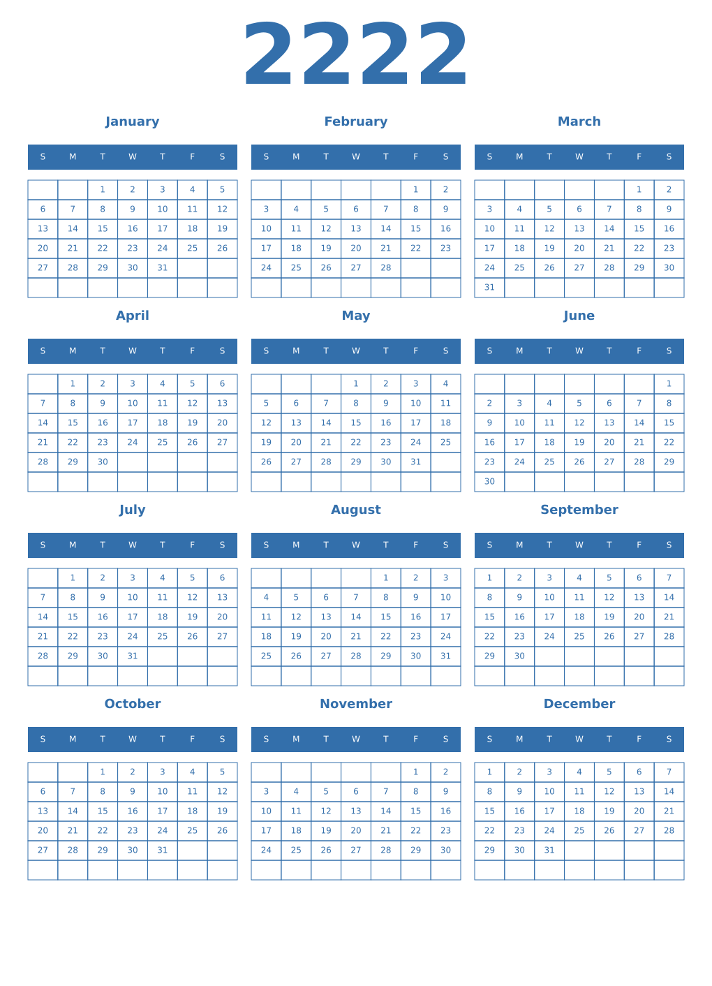 Printable 2222 Year Calendars blue