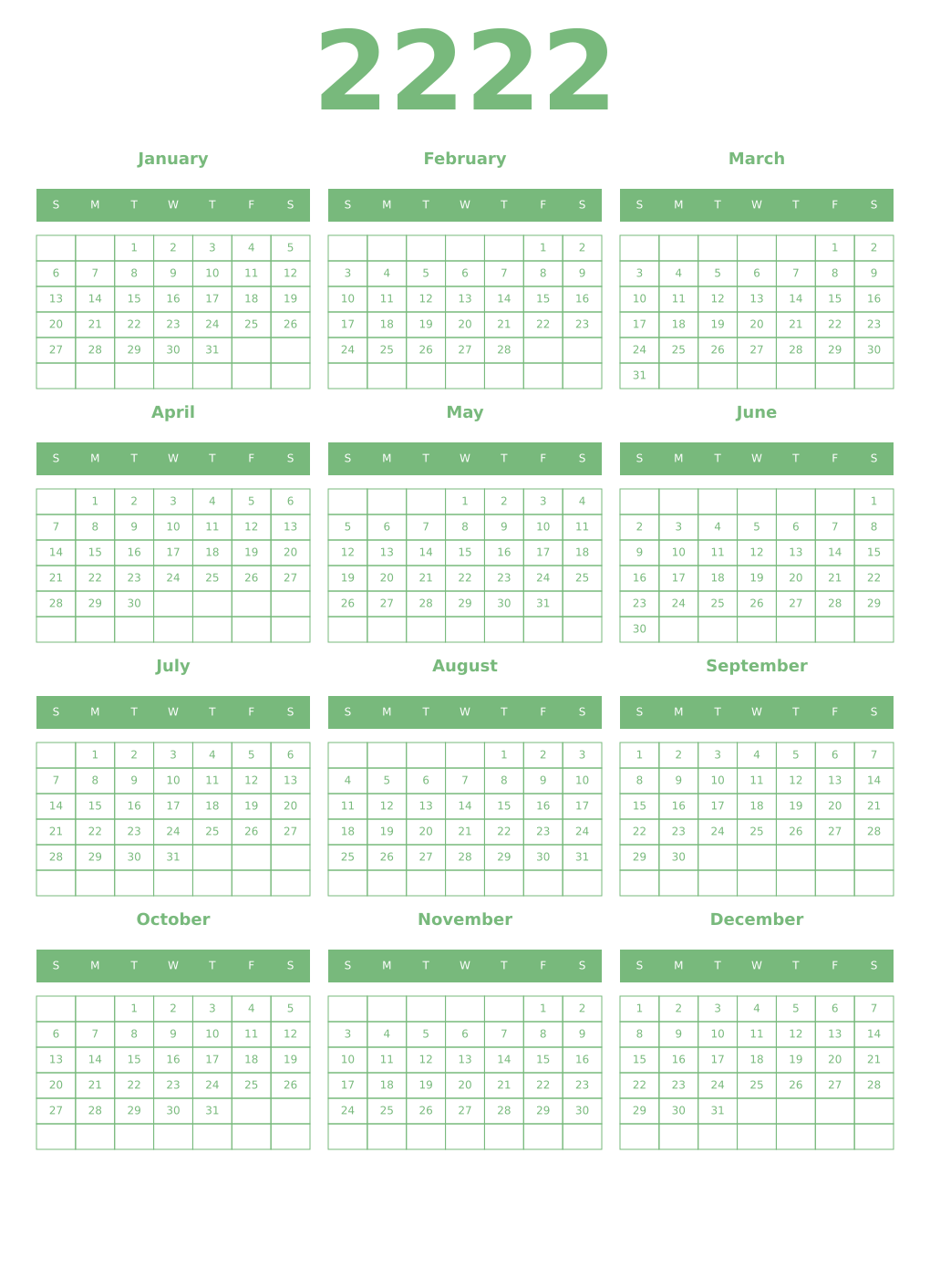 Printable 2222 Year Calendars celadon