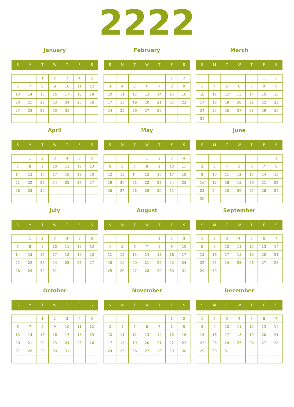 Printable 2222 Year Calendars chartreuse
