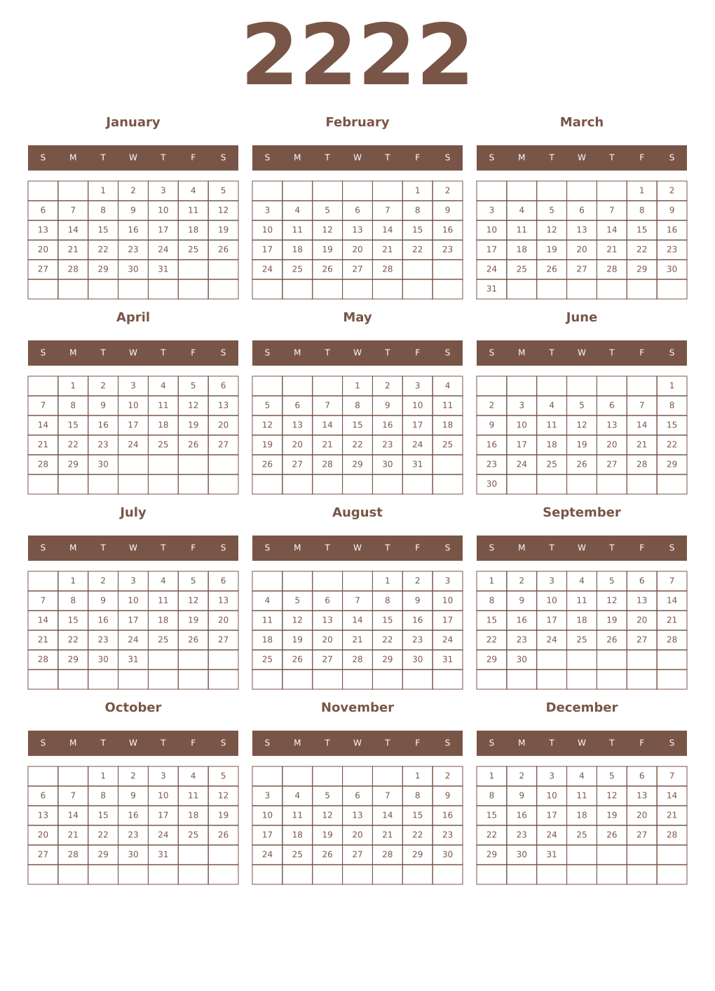 Printable 2222 Year Calendars coffe