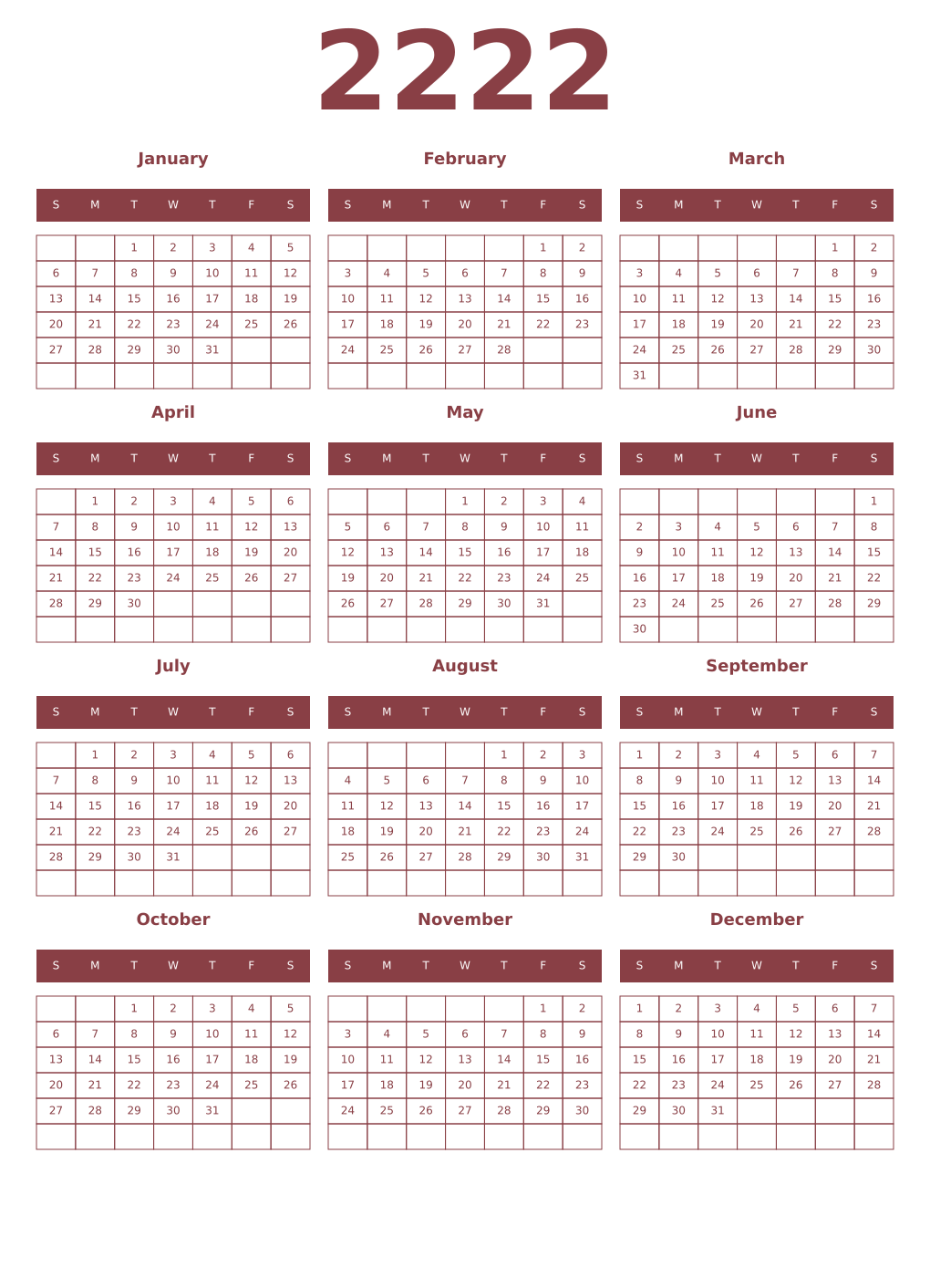 Printable 2222 Year Calendars cordovan