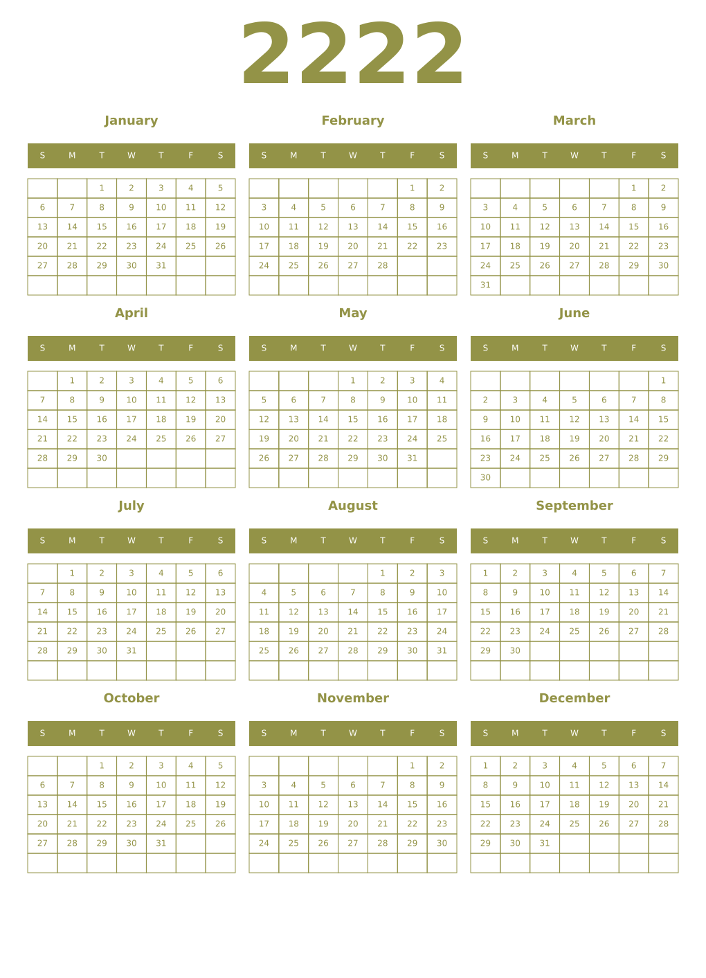 Printable 2222 Year Calendars eburnean