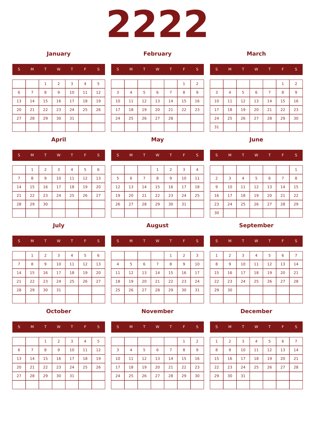 Printable 2222 Year Calendars falu