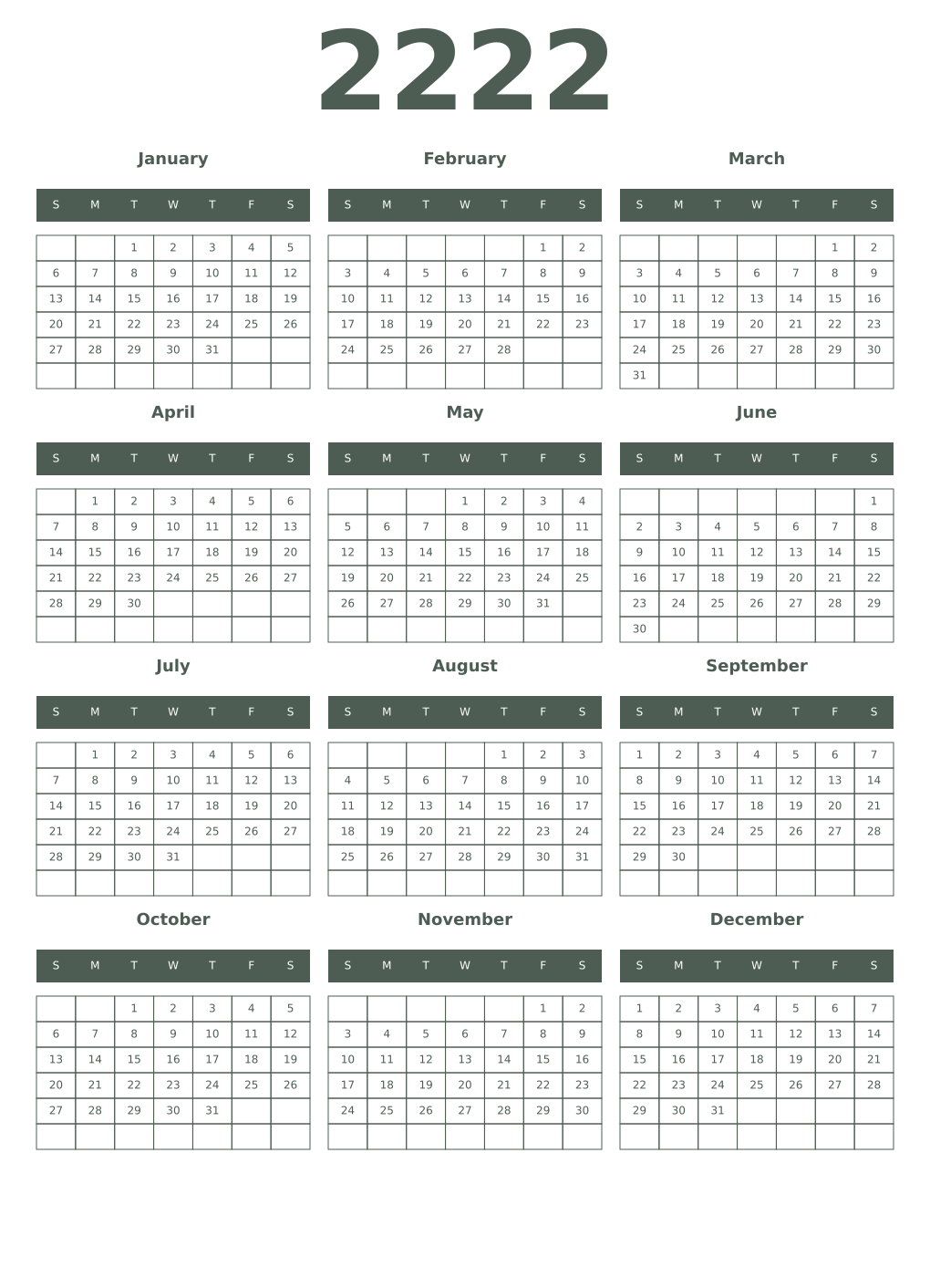 Printable 2222 Year Calendars feldgrau