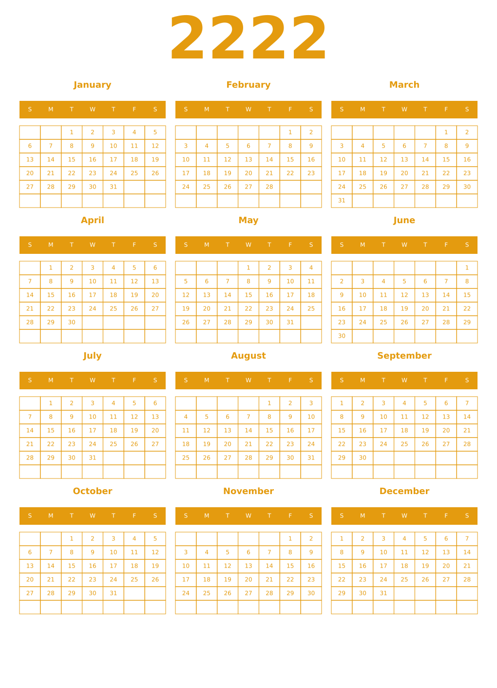 Printable 2222 Year Calendars gamboge