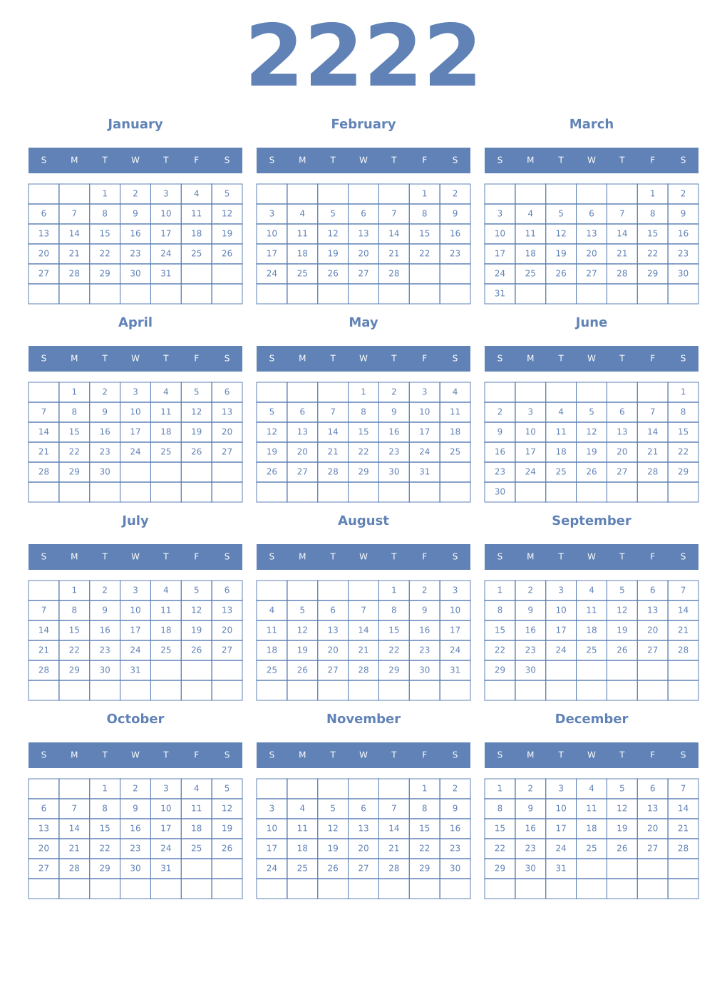 Printable 2222 Year Calendars glaucous