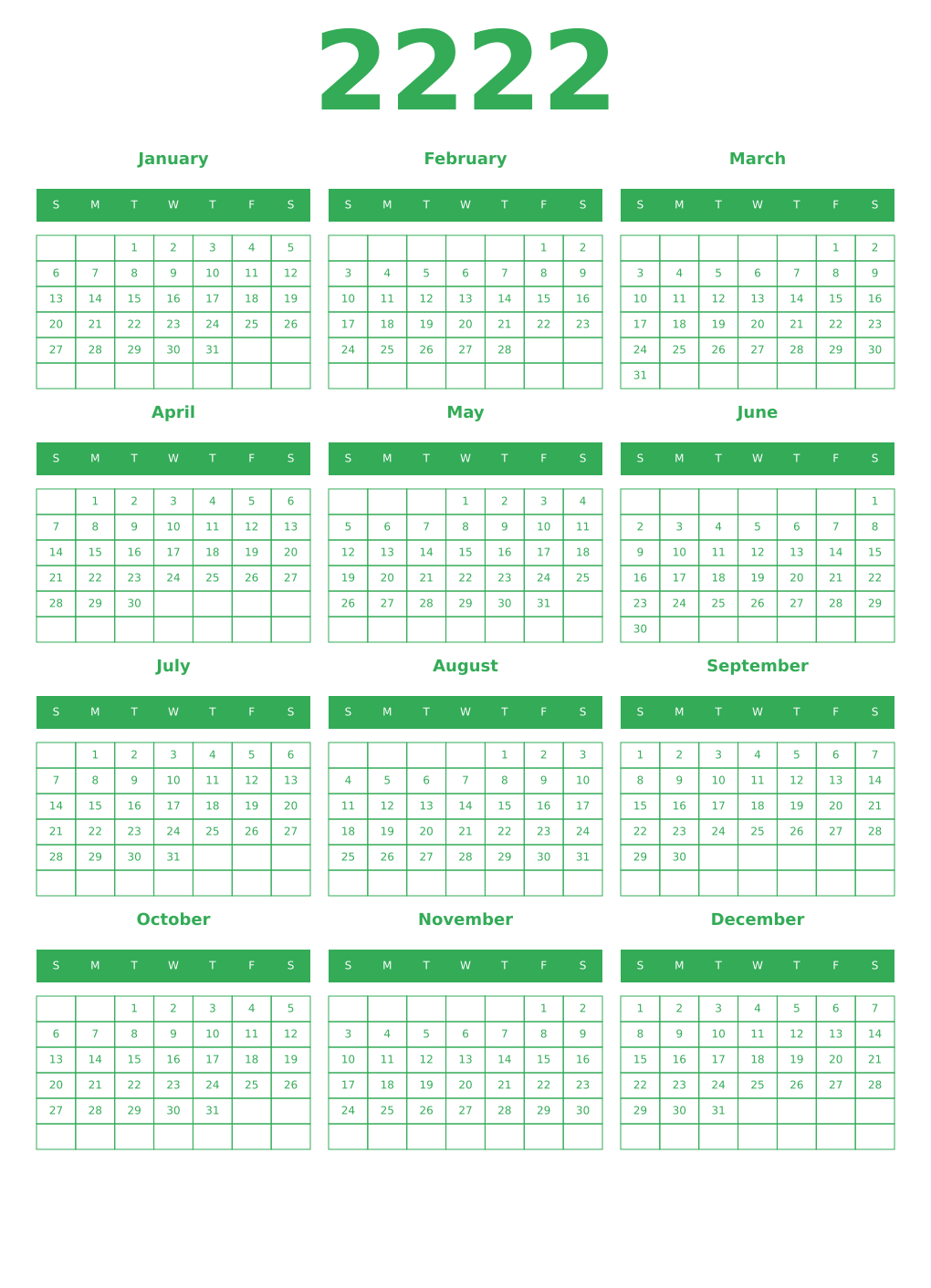 Printable 2222 Year Calendars green