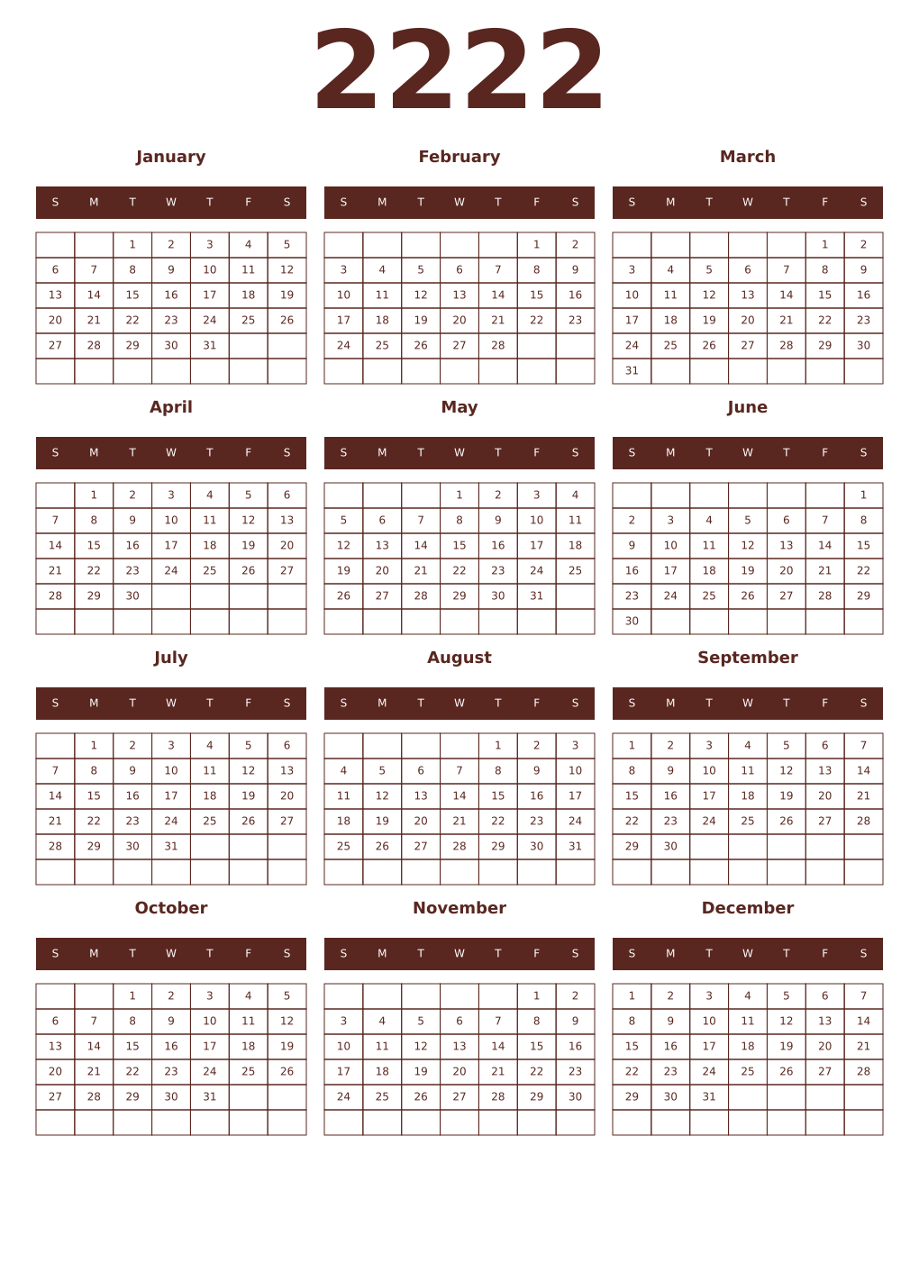 Printable 2222 Year Calendars mortuum