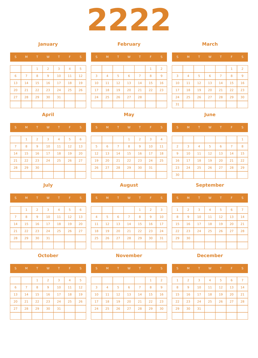 Printable 2222 Year Calendars orange