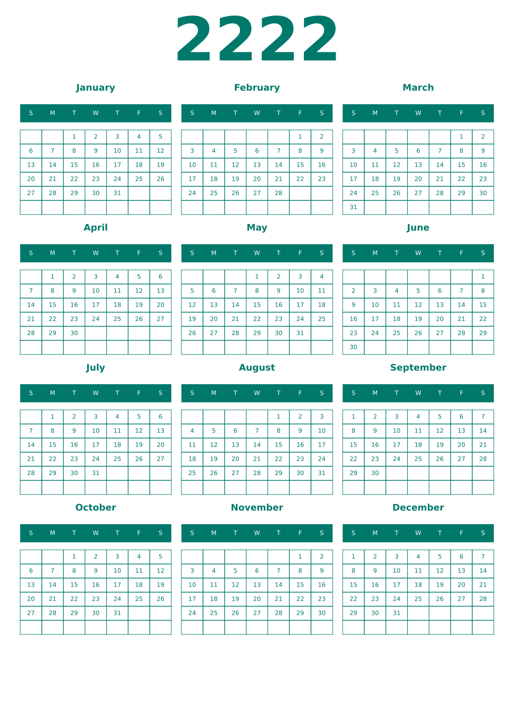 Printable 2222 Year Calendars pastel