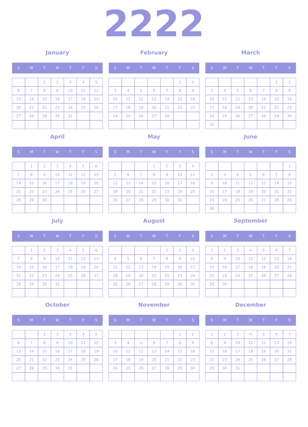 Printable 2222 Year Calendars periwinkle