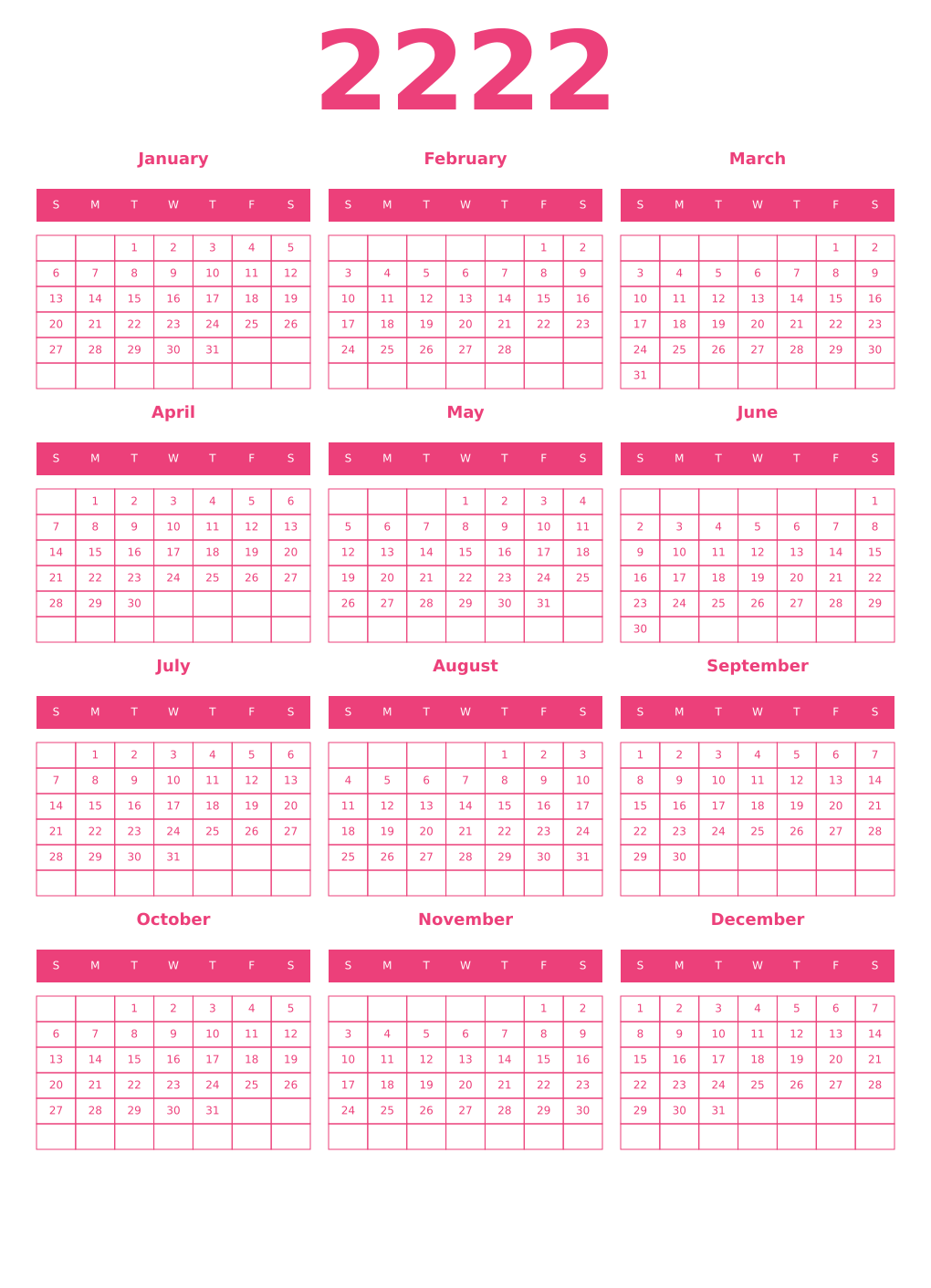 Printable 2222 Year Calendars pink