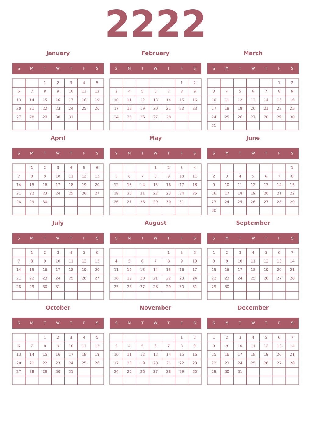 Printable 2222 Year Calendars puce