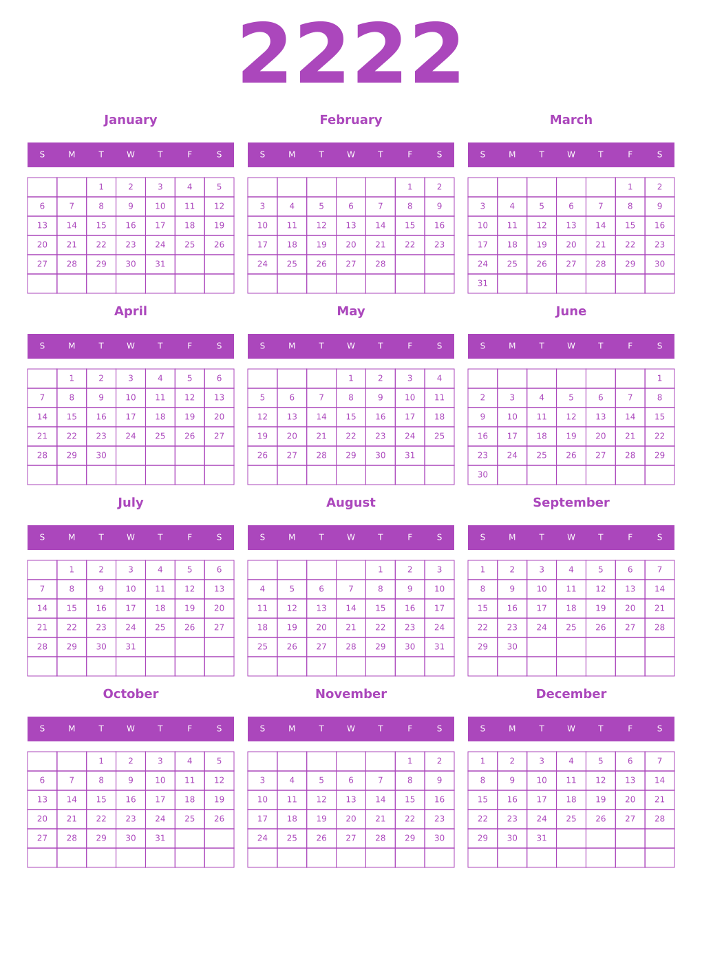 Printable 2222 Year Calendars purple
