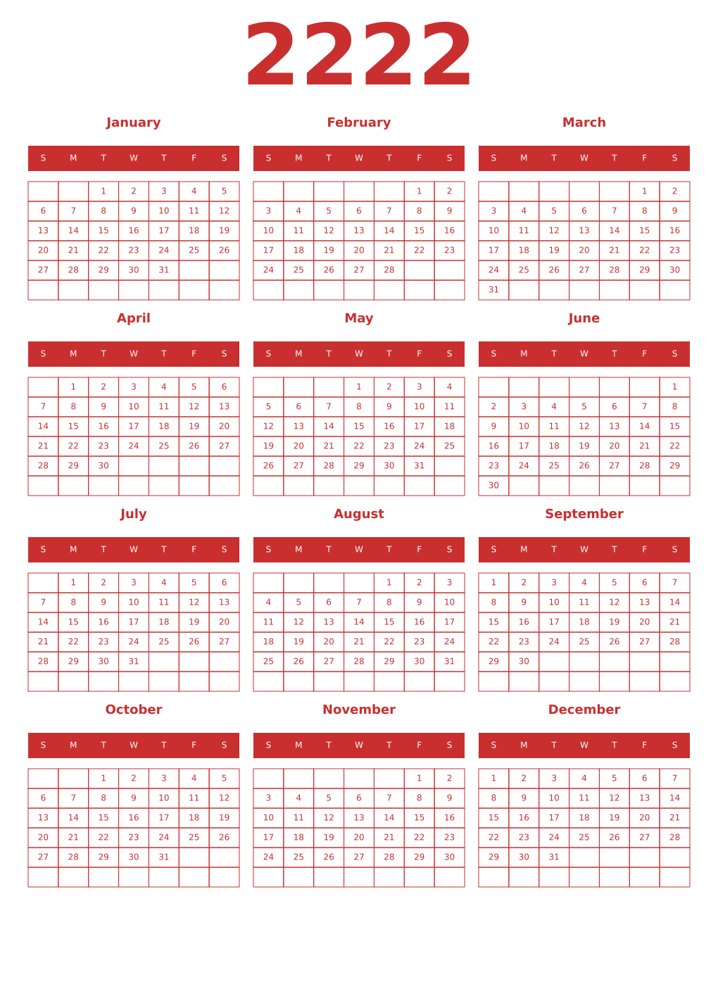Printable 2222 Year Calendars red