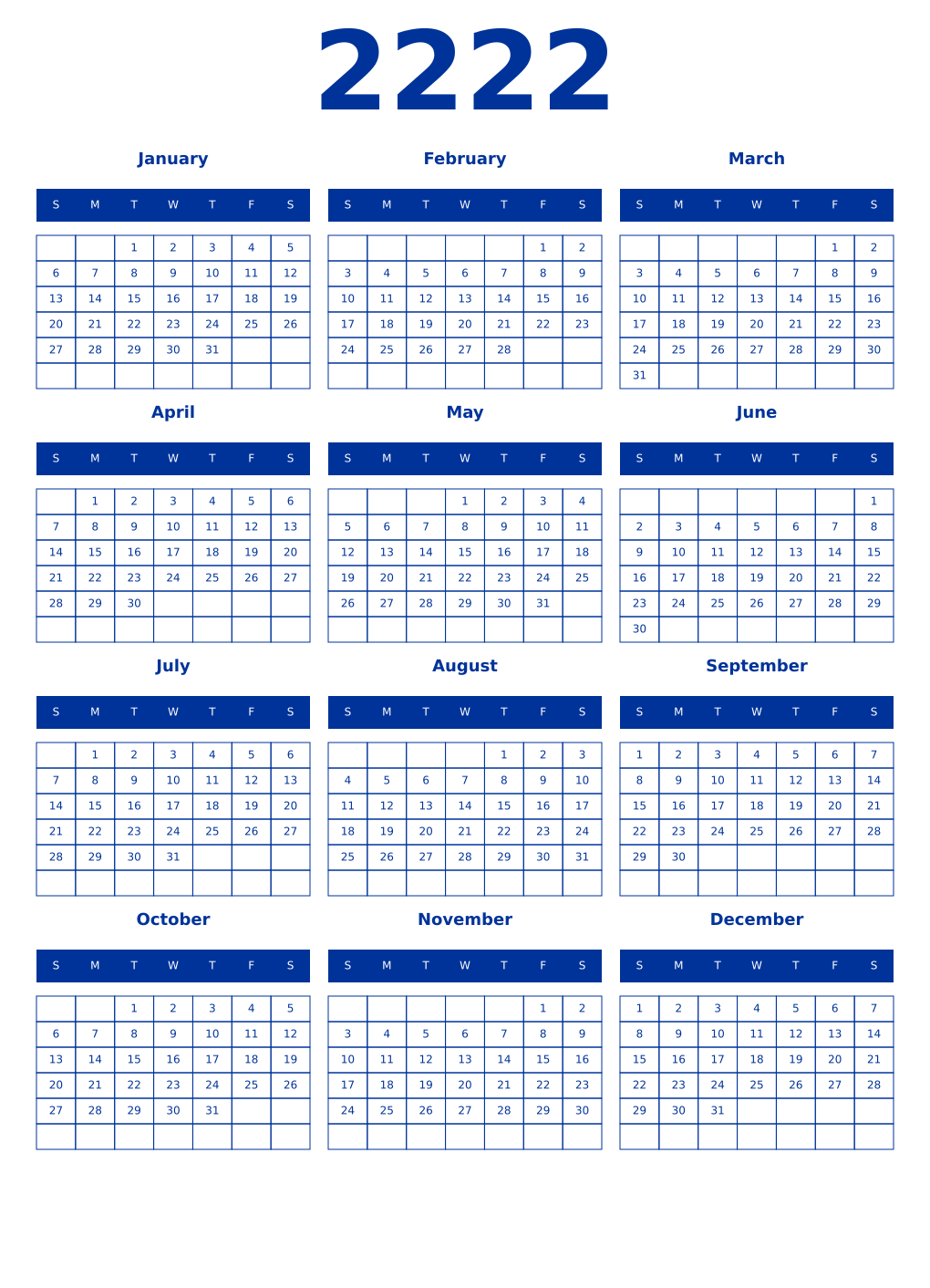 Printable 2222 Year Calendars smalt