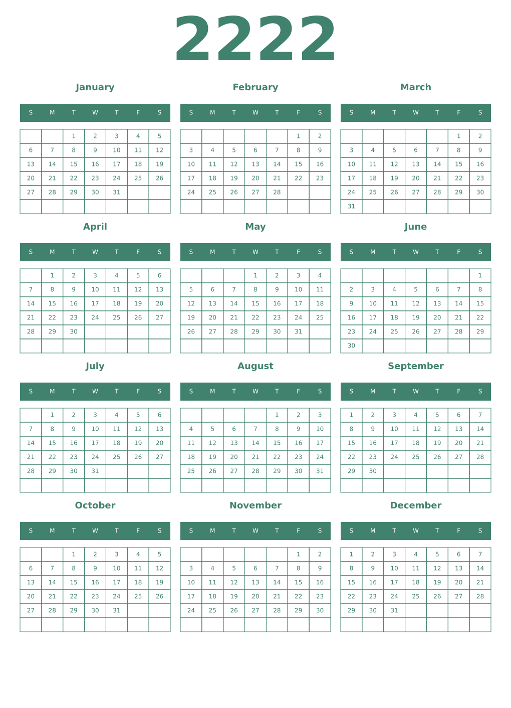 Printable 2222 Year Calendars viridian