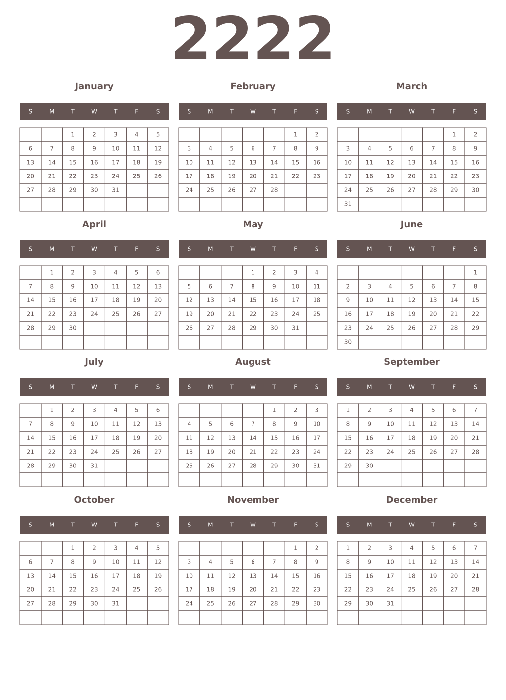 Printable 2222 Year Calendars wenge