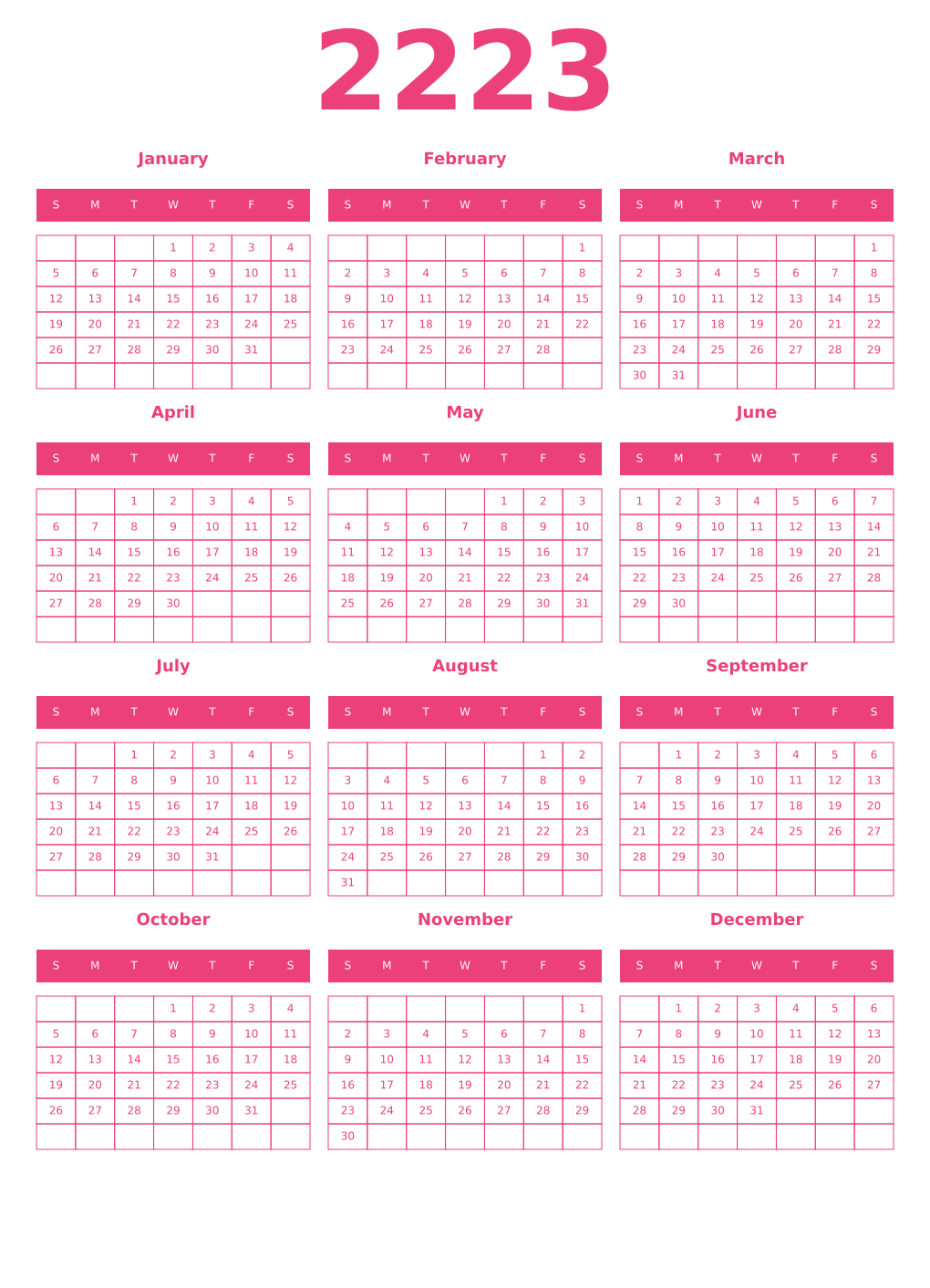 Printable 2223 Year Calendars pink