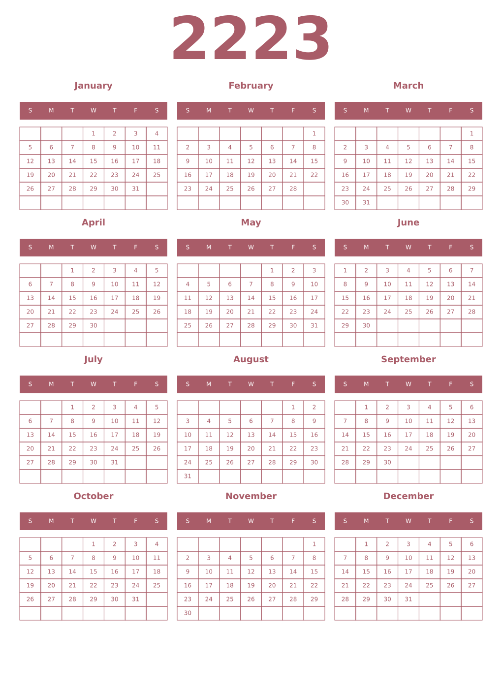 Printable 2223 Year Calendars puce