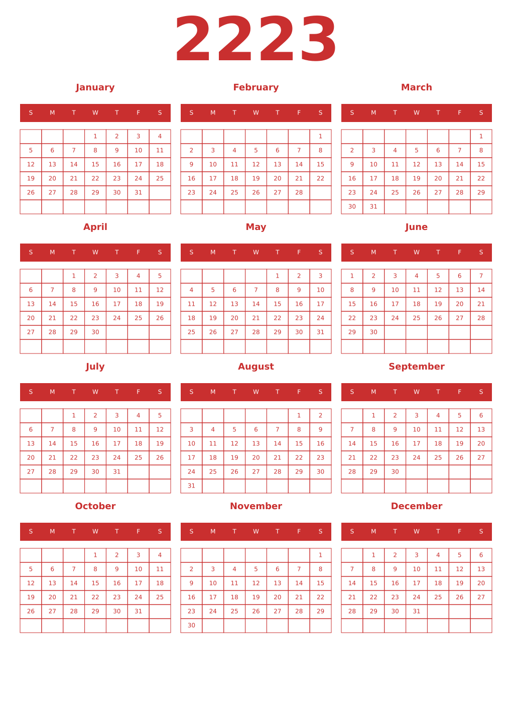 Printable 2223 Year Calendars red
