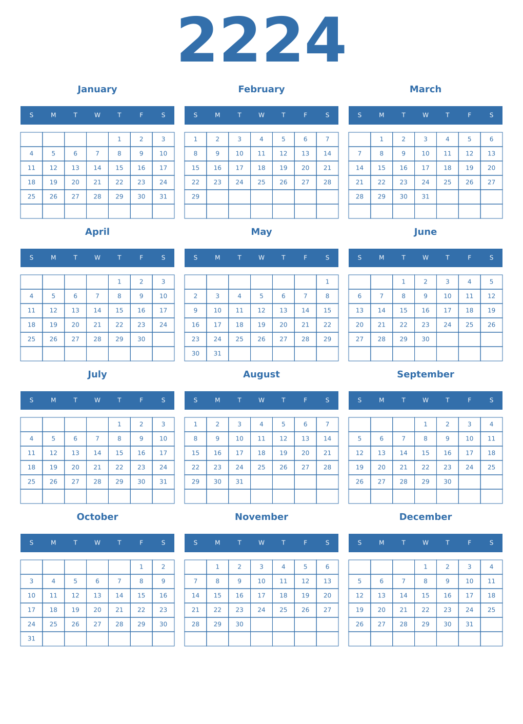 Printable 2224 Year Calendars blue