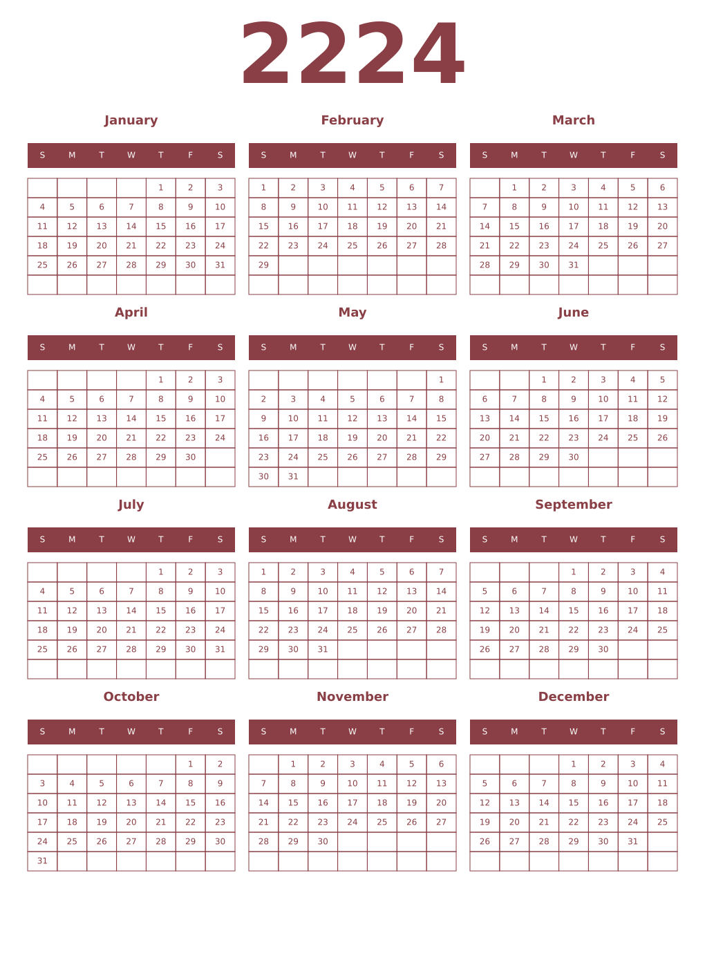Printable 2224 Year Calendars cordovan