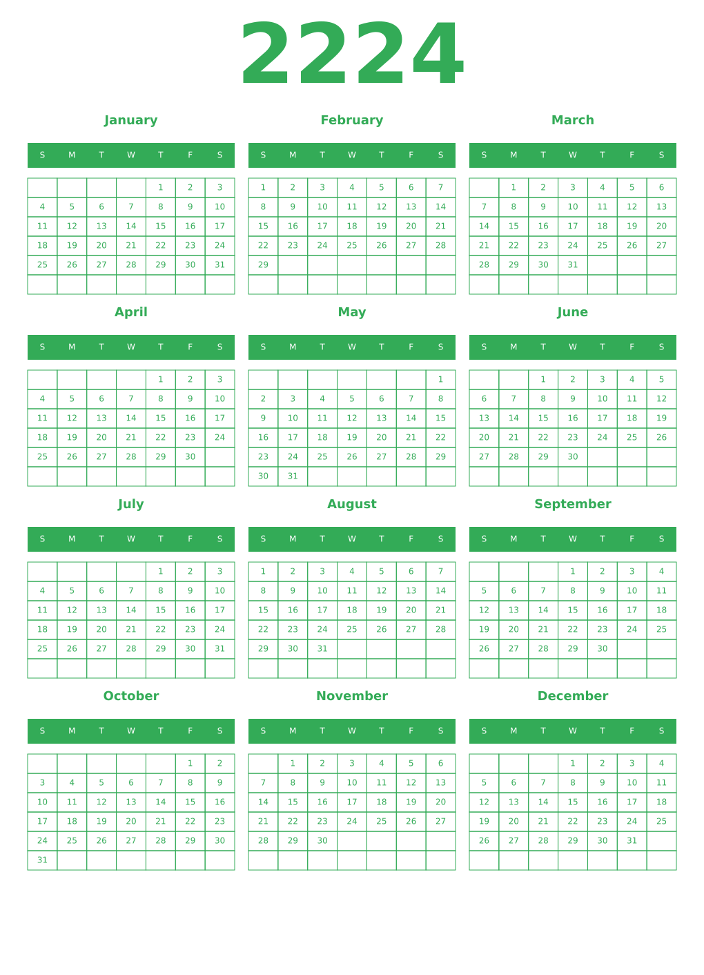 Printable 2224 Year Calendars green