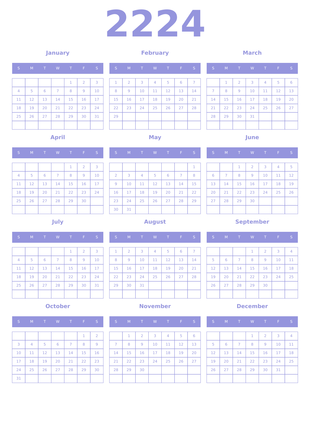 Printable 2224 Year Calendars periwinkle