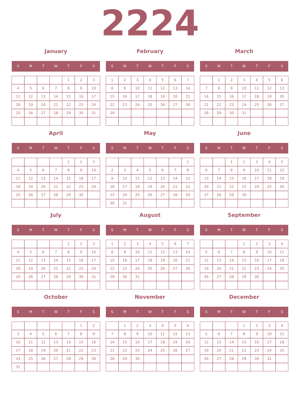 Printable 2224 Year Calendars puce