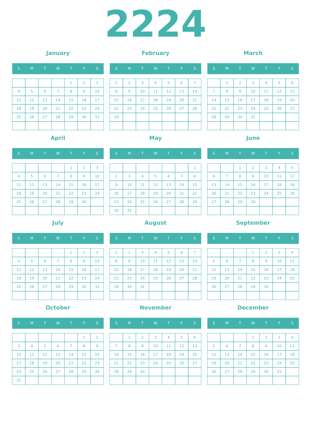 Printable 2224 Year Calendars verdigris