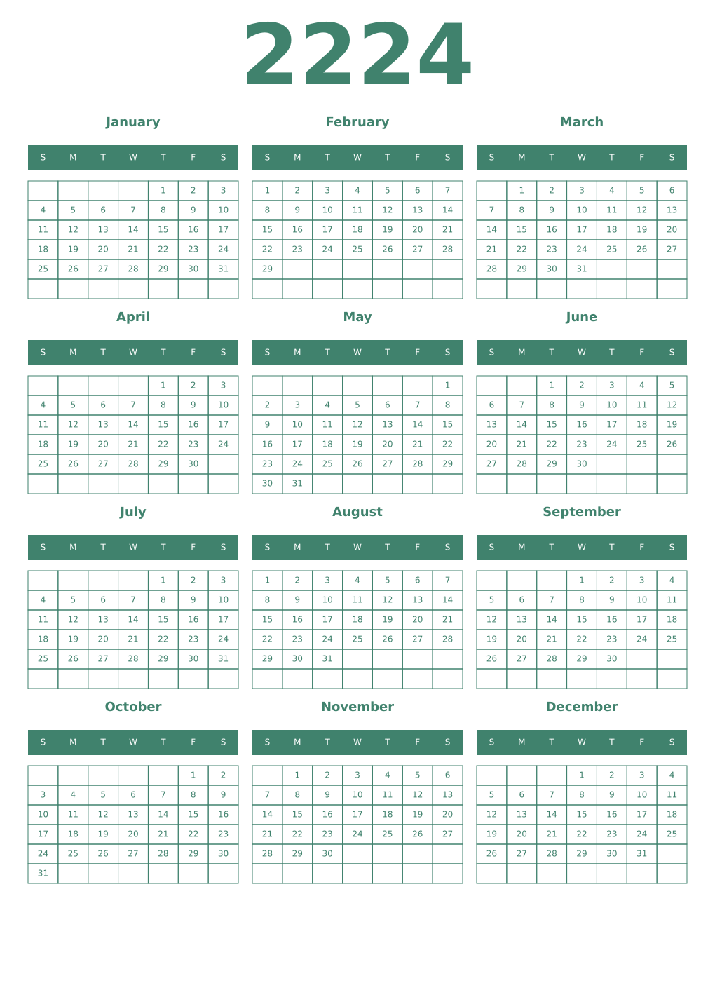 Printable 2224 Year Calendars viridian