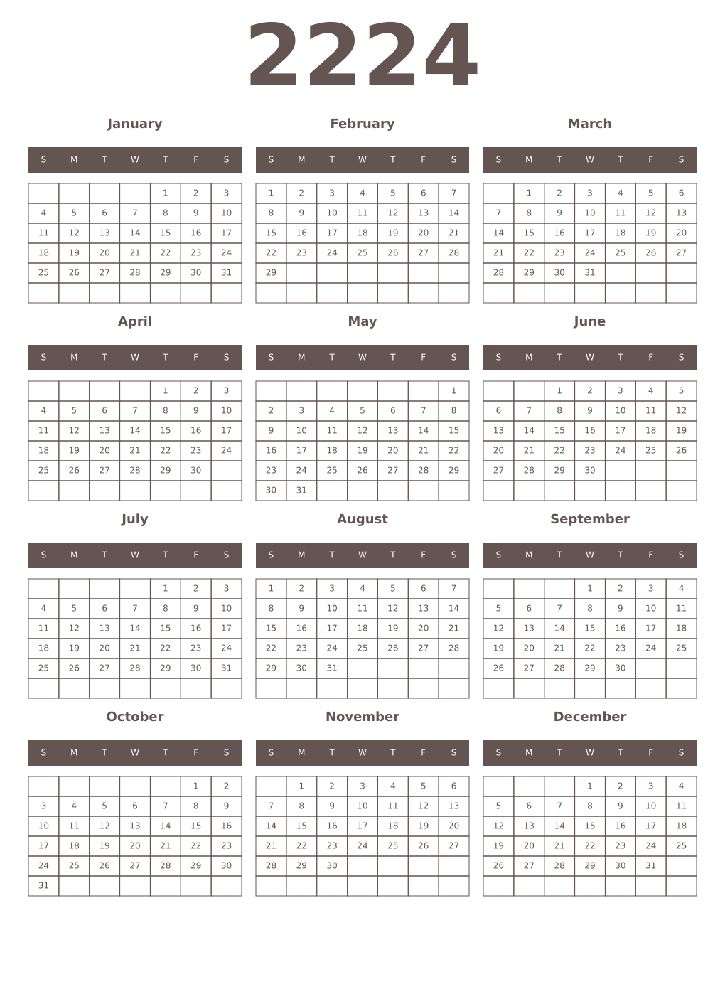 Printable 2224 Year Calendars wenge