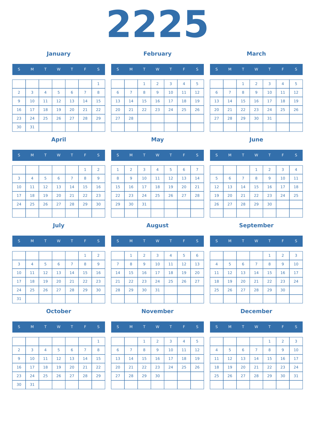 Printable 2225 Year Calendars blue